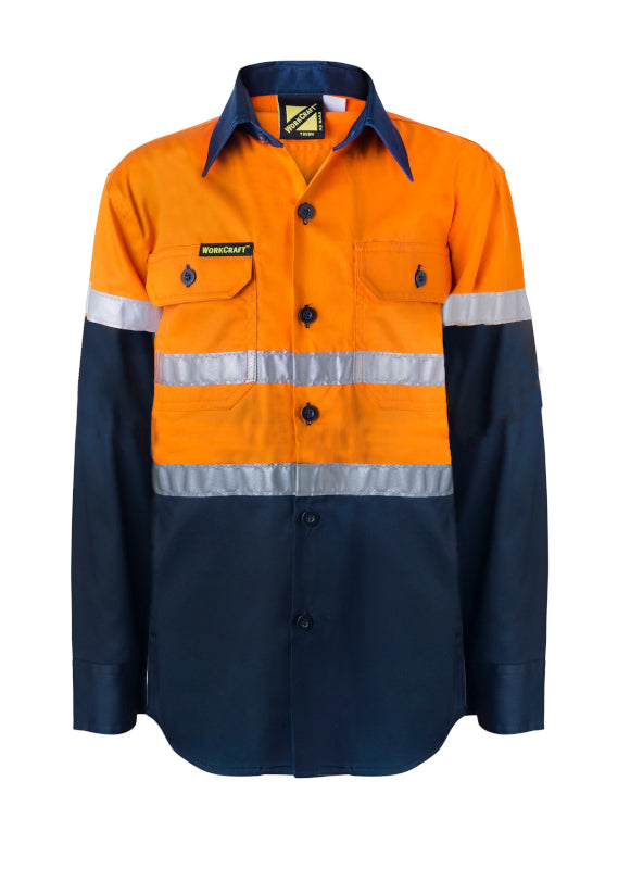 Work Craft Kids Hi Vis CSR Taped LS Shirt WSK125 [SZ:0 CLR:Navy/Orange]