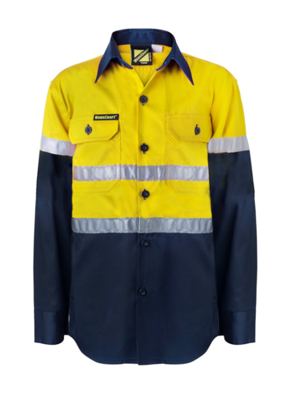 Work Craft Kids Hi Vis CSR Taped LS Shirt WSK125 [SZ:0 CLR:Navy/Orange]