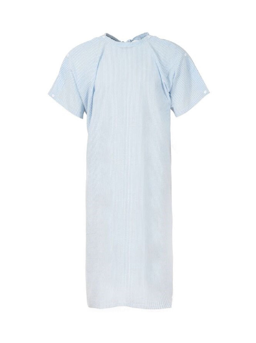 Medi8 Seersucker Gown With Shoulder Studs M81700 - Blue/White