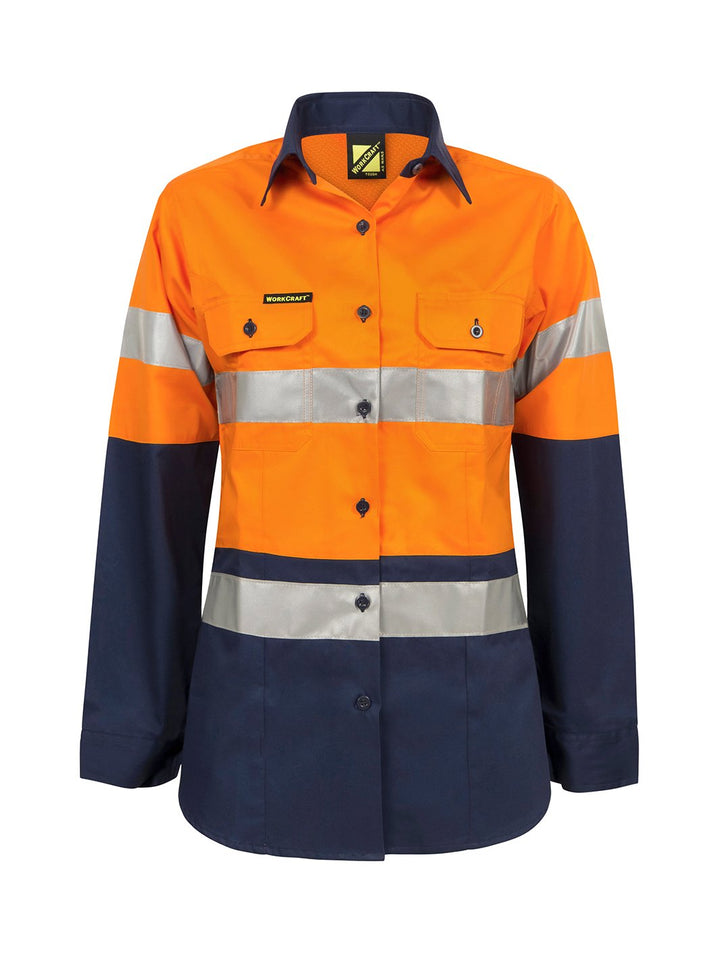 WorkCraft Ladies Hi Vis Taped Two Tone Cotton Drill Shirt LS WSL501