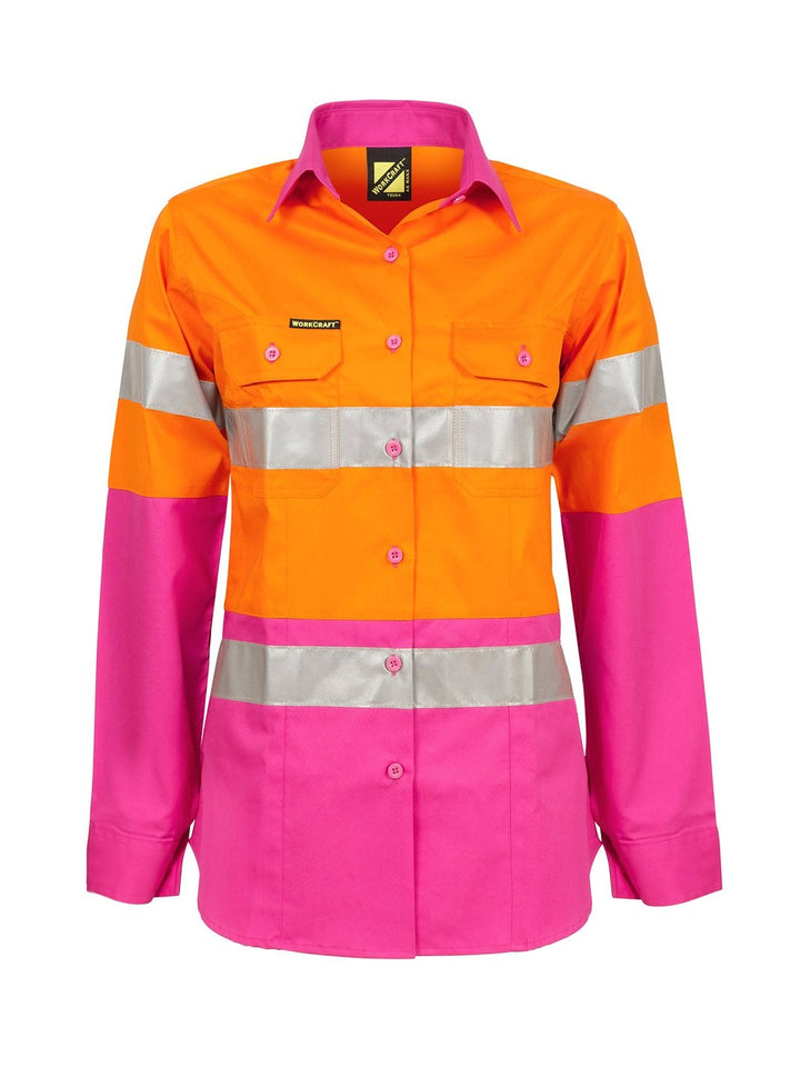 WorkCraft Ladies Hi Vis Taped Two Tone Cotton Drill Shirt LS WSL501