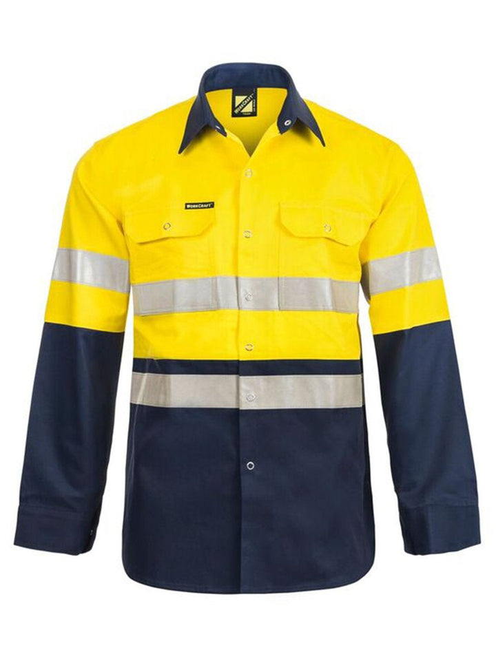 WorkCraft Hi Vis Taped Two Tone Cotton Drill Shirt w/Press Studs WS3072